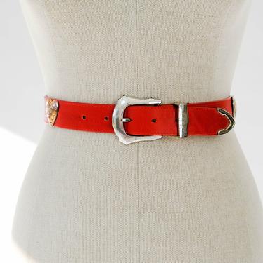 Vintage 80s 90s Brighton Red Leather Belt w/ Ornate Silver Hearts Design | Bohemian, Western | 1980s 1990s Leather Belt 