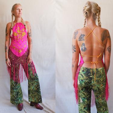 Vintage 90s Y2K Backless Silk Scarf Top/ 1990s Embroidered Piano Shawl Halter Top/ Open Back/ Size Small 