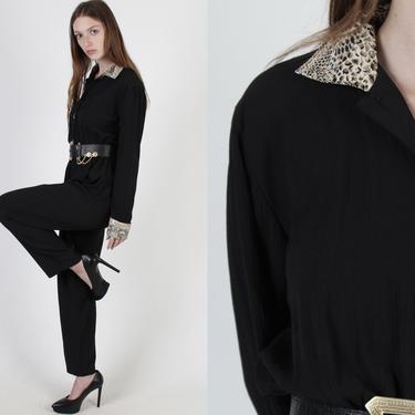 Animal Print Jumpsuit With Pockets / 1980s Spotted Snake Patter Collar and Cuffs / 80s Womens Button Up Tapered Pants Black Safari Playsuit 
