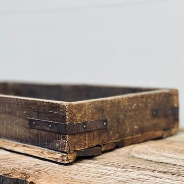 Planked Wood Box with Metal Bracket Corners | Found | Shallow Dark Wood Natural Box | Rustic Wood Tray | Coffee Table Tray | Centerpiece 