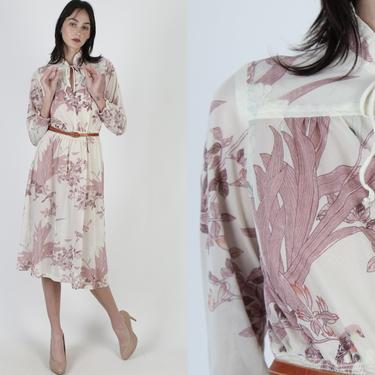 Vintage 70s Song Bird Wild Flower Dress Sheer Ivory Bow Tie Disco Secretary Mini Dress 