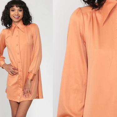 Orange Mod Dress Button Up Dress Shirtdress 70s Shift Puff Sleeve Mini COLLARED Plain 1970s Long Sleeve Vintage Twiggy Shirt Dress Small 