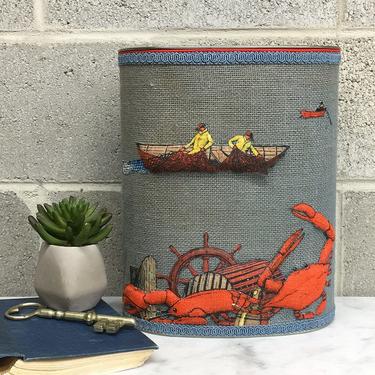 Vintage Wastebasket Retro 1960s Cheinco + Mid Century Modern + Tin + Oval Shape + Blue Burlap + Fisherman + Lobster + Crab + Trash Can 
