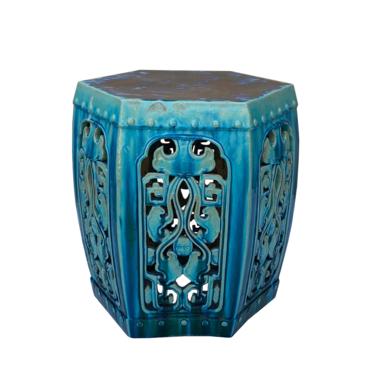 Ceramic Clay Green Turquoise Glaze Hexagon Motif Garden Stool Table cs7023E 