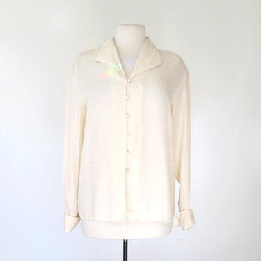 1990s cream silk button down oversize or plus blouse 