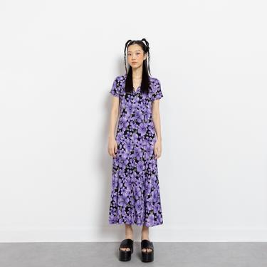 FLORAL CRINKLE DRESS Vintage Maxi Flowy Stretchy Rayon Short Sleeves Summer 90's / Small Extra Small 