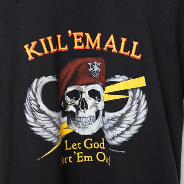 vintage 1986 &amp;quot;Kill 'Em All And Let God Sort 'Em Out&amp;quot; military SKULL black short sleeve thin soft t-shirt 