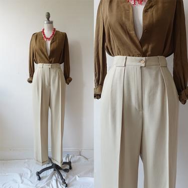 Vintage 80s Buttermilk Yellow Trousers/ 1980s High Waisted Pleated Cuffed Pants/ Size 29 10 