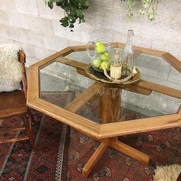 LOCAL PICKUP ONLY Vintage Table Retro 1980s Brown Wood and Clear Glass Top Octagon Shaped Kitchen or Dining Room Table 