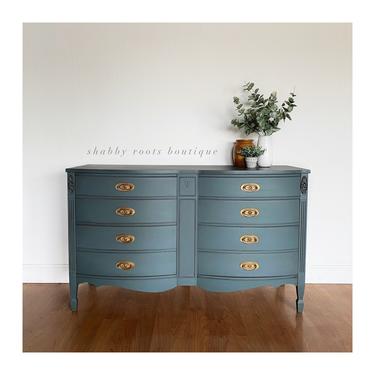 NEW! Antique bow front long dresser beautiful muted dusty blue color with brass gold hardware - chest of drawers- San Francisco CA by Shab