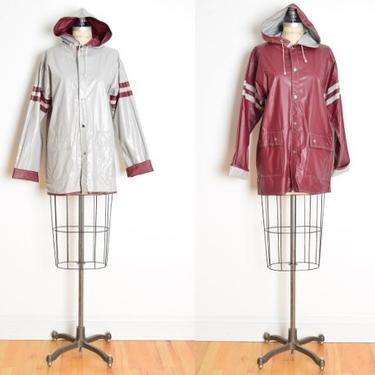 vintage 70s raincoat burgundy gray vinyl reversible striped slicker jacket clothing 