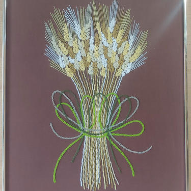 Vintage Mid Century Crewel Embroidery Tied Wheat Sheaf Wall Art 