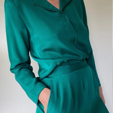vintage emerald green silk minimalist pant suit size us 6 