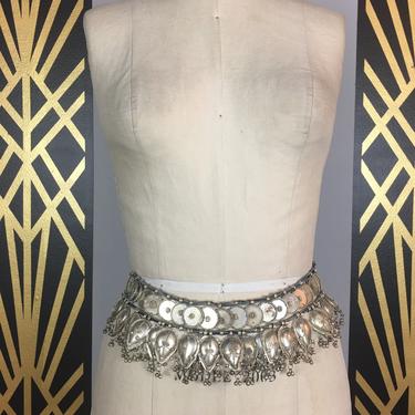 Vintage coin belt, silver metal belt, Bollywood style, statement necklace, bohemian style, charm belt, jeweled, tribal, Indian, one size 