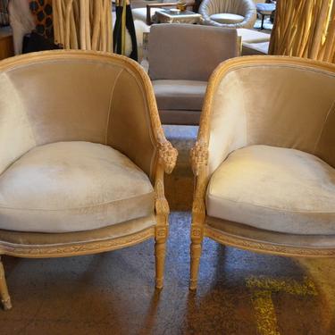 Antique Pair of Rams Head Neoclassical Style Barrel Back Bergere Chairs