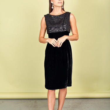 60s Black Sequin Fitted Dress Vintage Cocktail Velvet Sleeveless Dress 