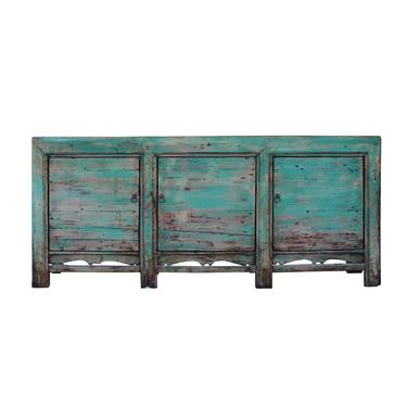 Distressed Pastel Teal Blue Finish High Credenza Console Buffet Table cs5362S