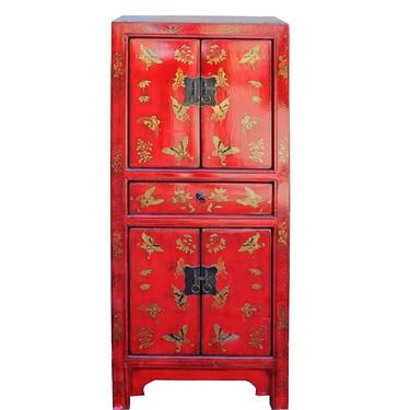 Chinese Distressed Glossy Red Golden Butterflies Cabinet cs3935E 