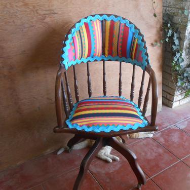 Antique Office Chair Recovered Funky Boho Statement Chair Industrial Age Desk 1940s 40s Wood Spindle Adjustable Vivid Bright Colorful Fabric 