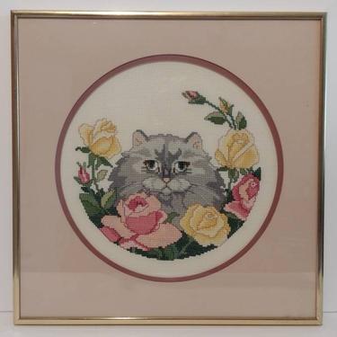 Vintage Cross Stitch Gray Fat Cat Floral Portrait Fiber Art Needlepoint Folk Art Shabby Chic Animal Art 13x13 