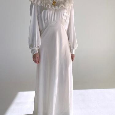1930's White Silk Satin Long Sleeve Dress