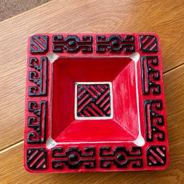 Large Mid-Century, C. 1967, Signed L. Bryan Pottery Ashtray - Red with Black Geometric Designs and White Accents 