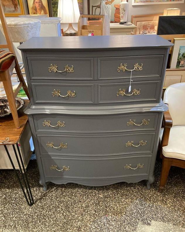Gray painted French provincial chest of drawers. 41.5” x 19” x 50”