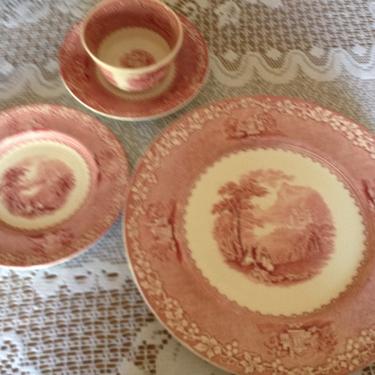 Vintage (2) 4 PC Place Settings Red Transfer Ware Jenny Lind 1795 Royal Staffordshire Pottery England 