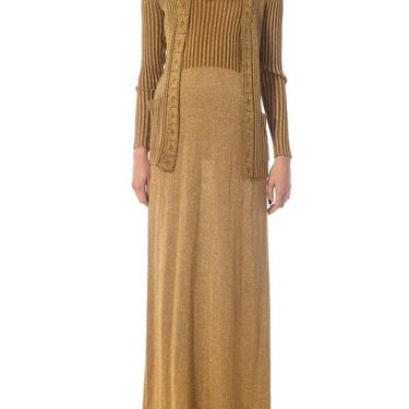 1970S Gold Lurex Knit Maxi Dress Gown With Matching Cardigan 