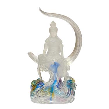 Crystal Glass Liuli Pate-de-Verre Moon Face Kwan Yin Bodhisattva Statue ws1817E 