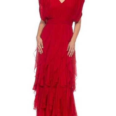 1980S Red Silk Chiffon Pleated Bodice Gown With Bias Layered Ruffled Skirt 