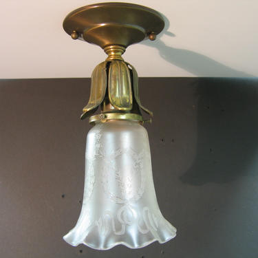 1083 Vintage Brass Ceiling Shade Holder w/Vintage Etched Glass Shade Rewired Restored 