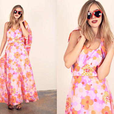 60s Hippie Dress Vintage Pink Floral Halter Maxi Dress 