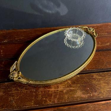 Vintage Matson Mirror Perfume Display or Vanity Tray, Brassy Gold Metal, Oval, Forget Me Not Flower Handles, Embossed, Cottage Regency Decor 