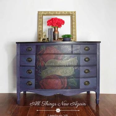 Navy Blue Dresser w/ Red Floral Transfer | Navy Blue Buffet | Navy Blue Sideboard | Vintage Bedroom Furniture | Vintage Dixie Dresser 