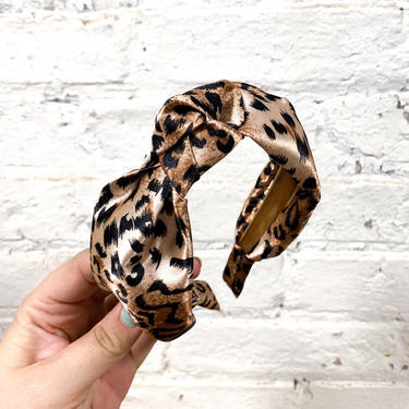 Cheetah Print  satin Knotted Headband // gold, black, tan // Leopard turban 