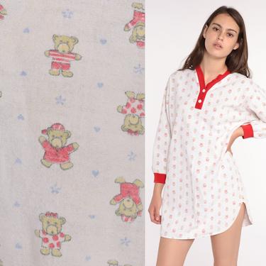 Nightgown Pajama Dress Flannel Teddy Bear Nightie 80s Ringer Pajamas Henley Retro Tshirt 1980s Kawaii Mini Medium 