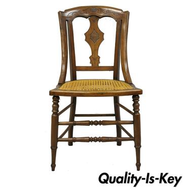 19th Century Antique Eastlake Victorian Carved Walnut Cane Dining Side Chair (B)