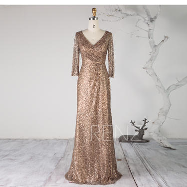 Party Dress Bronze Sequin Dress Ruched V Neck Bridesmaid Dress Long Sleeve Prom Dress Luxury Glitter Maxi Dress Long Evening Dress(HQ646) 