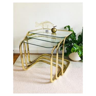 Vintage Brass Pill Shaped Nesting Cantilever Side Tables / Set of 3 