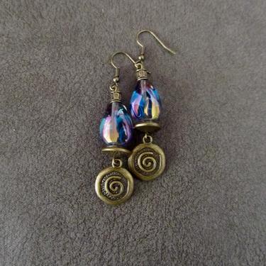 Mid century modern earrings, purple glass earrings, bronze dangle earrings, Art Deco unique, Brutalist bohemian artisan vintage earrings 2 