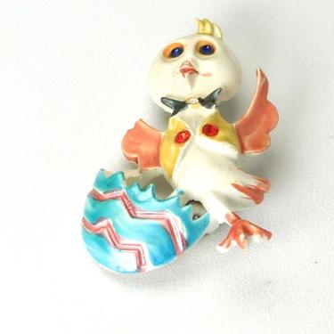 Vintage Enamel Easter Duck with Painted Egg Pin Brooch Rhinestone Accents Signed 