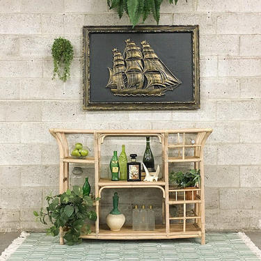 LOCAL PICKUP ONLY Vintage Ship Art 1980’s Retro Size 31x43 Large Ship Art + 3D + Black + Gold + Plastic Detailed Ship in Plastic Frame 