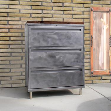 Industrial Dresser - Refinished 3 Drawer Metal Cabinet / Rustic Vertical Dresser / Solid Wood Top / Bedroom Furniture / Metal Dresser 