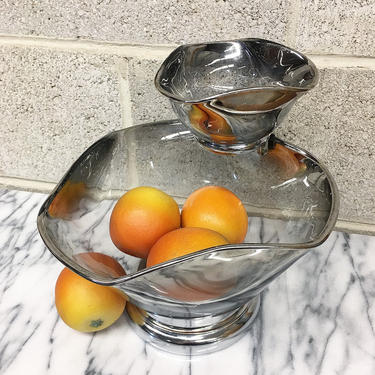 Vintage Chip and Dip Retro 1960s Mid Century Modern + Silver Ombre + Two Tier Glass Serving Bowls + Silver Chrome Base + MCM Kitchen Decor 
