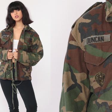US Army Jacket Camo Jacket 80s Camouflage DUNCAN Military Uniform Utility Patch Commando 1980s Cargo Field Button Up Extra Small xs 