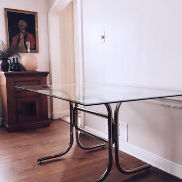 Brass and Glass Top Table, Brass Glass Dining Table, Rectangle Glass Top, Brass Base Table, 1960s Brass Dining Table 