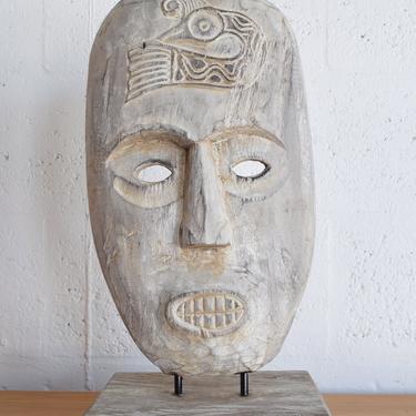 Large Teak Carved Boho Chic Mask Sculpture - Bohemian Decor - Rustic Accessory - Indonesian Art Decor 