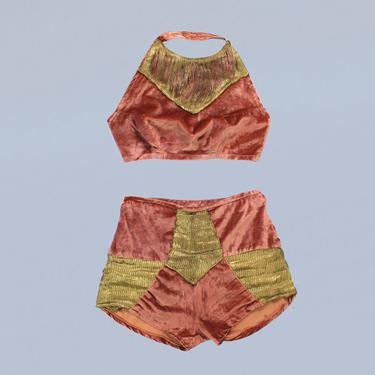 RARE! 1930s Stage Costume / 20s - 30s Pink Velvet and Gold Bra Top and Panties Shorts Set 