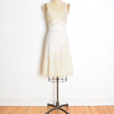 vintage 50s slip white satin cream lace applique lingerie dress S 34 